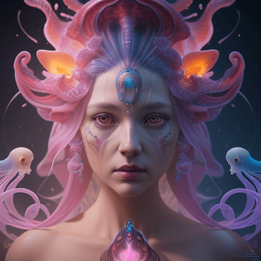 AI generated: Goddess close-up portrait ribcagel. jellyfish phoenix head, nautilus, orchid, skull, betta fish, bio...