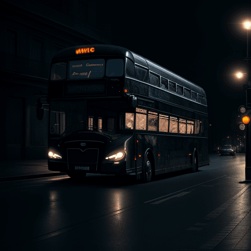 AI generated: A mid-shot of a dark and mysterious bus in the streets in the middle of the night, horror, hyperreal...