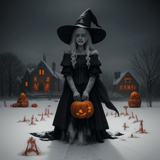 AI generated: the haunting image of a witch in a snow covered field, surround by Christmas presnts and blood pumpk...