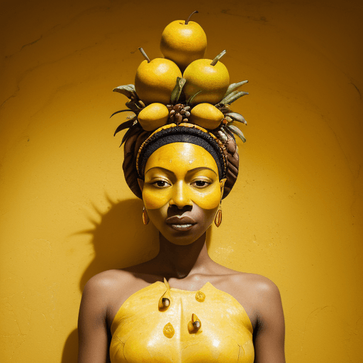 AI generated: a mural of woman on a yellow wall with fruit on her head, in the style of ingrid baars, 32k uhd, ben...