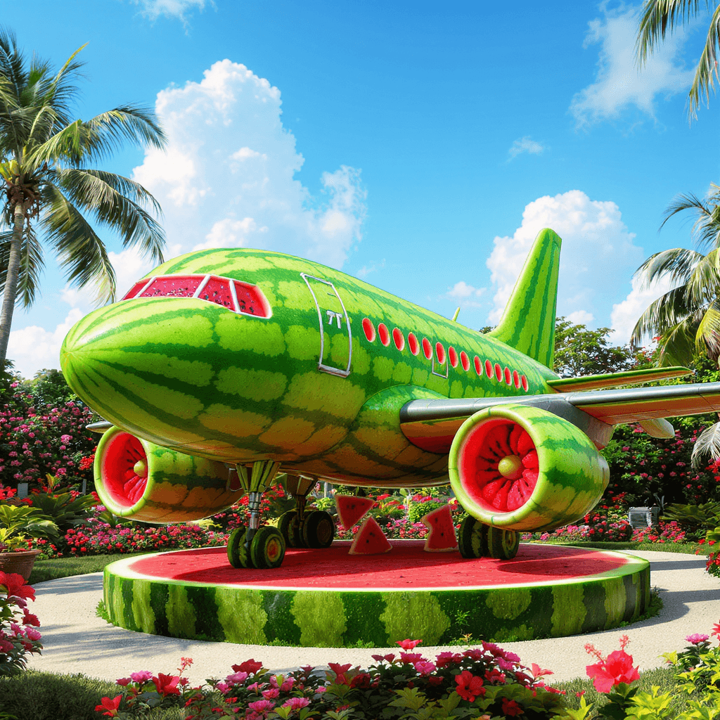 AI generated: Create a highly detailed, whimsical 3D digital rendering of an airplane sculpture made entirely from...
