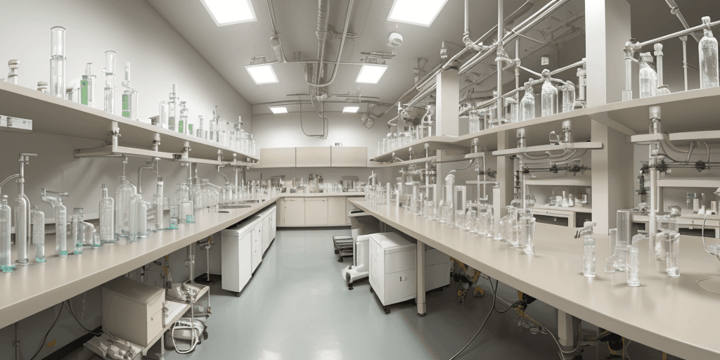 AI generated: High resolution photograph of a panoramic chemical laboratory in neutral colors