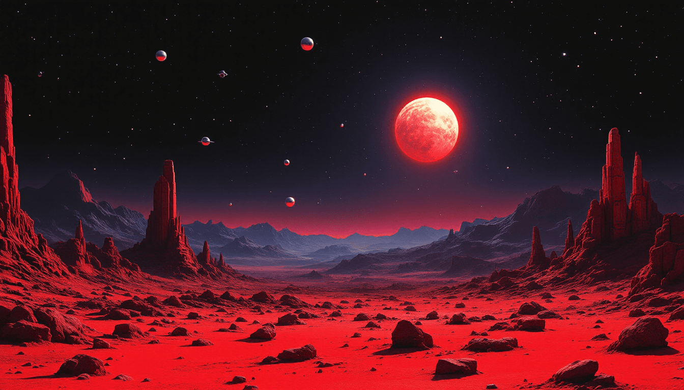 AI generated: 70s sci-fi landscape on a planet, stars in the dark sky, metallic objects flying, mountains in the b...