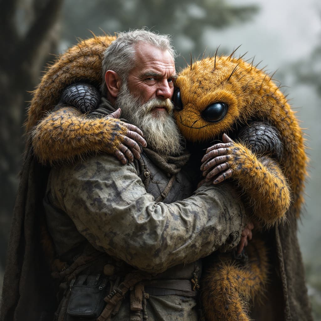 AI generated: a bold man hugging two huge dermodex mites