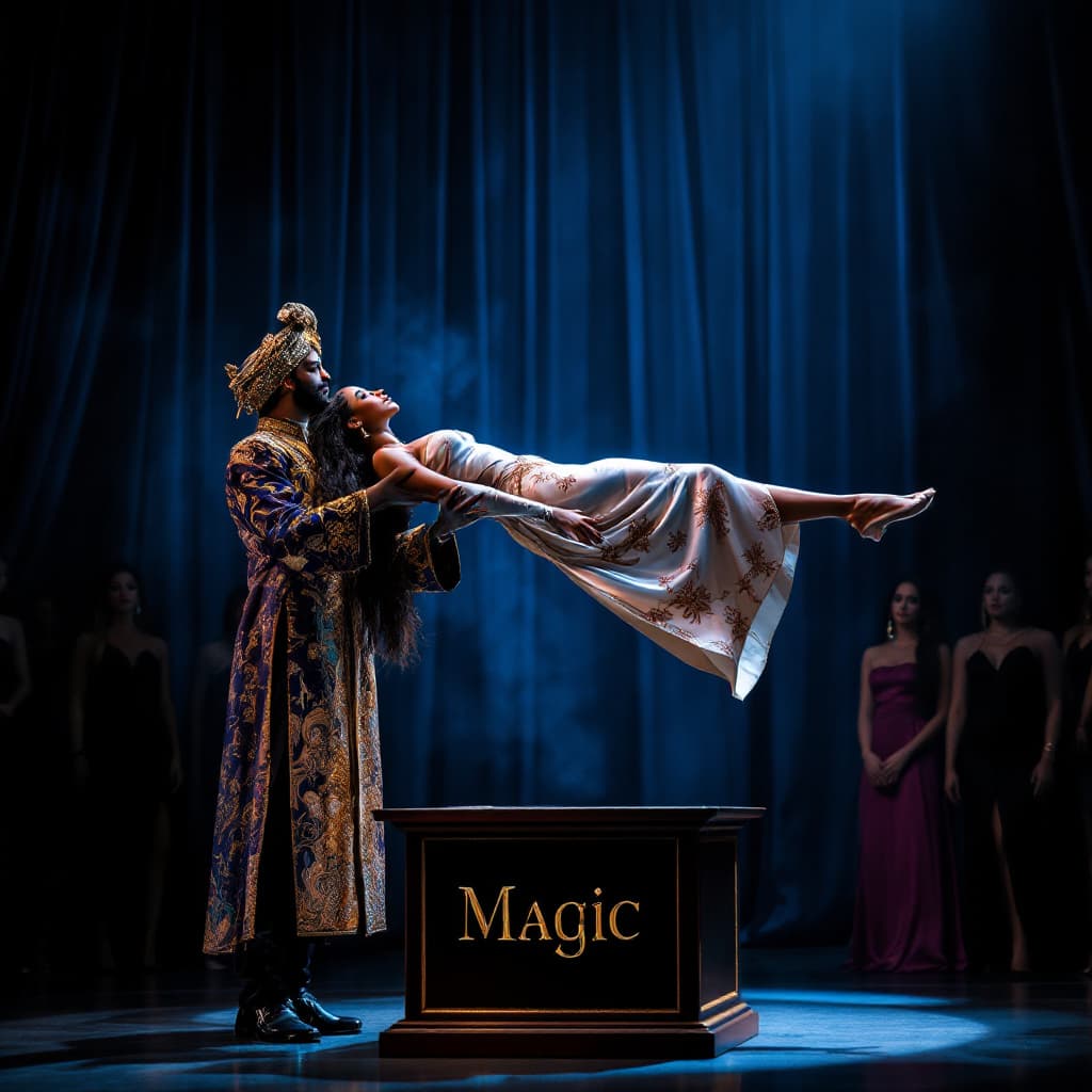 AI generated: A modern, 2020s-era photorealistic photograph of a grand stage illusion performance. The magician, w...