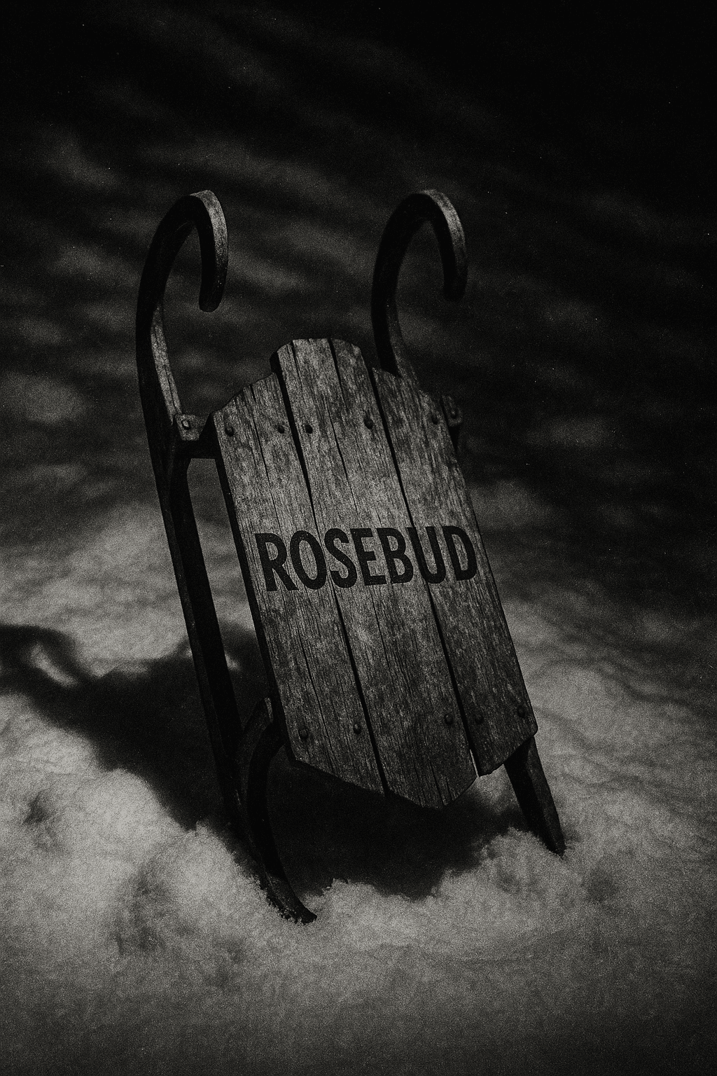 AI generated: Une illustration artistique en noir et blanc représentant la célèbre luge "Rosebud", emblématique du...