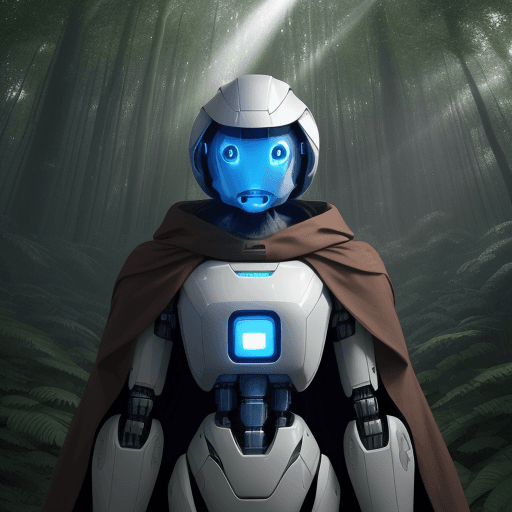 AI generated: a robot in a tall forest. The robot is high tech with beige exoskeleton and blue olwing lights insid...