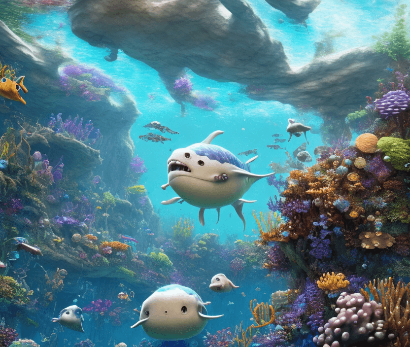 AI generated: High resolution photography, dreamy; POV, underwater, 3d game, realistic graphics, underwater explor...