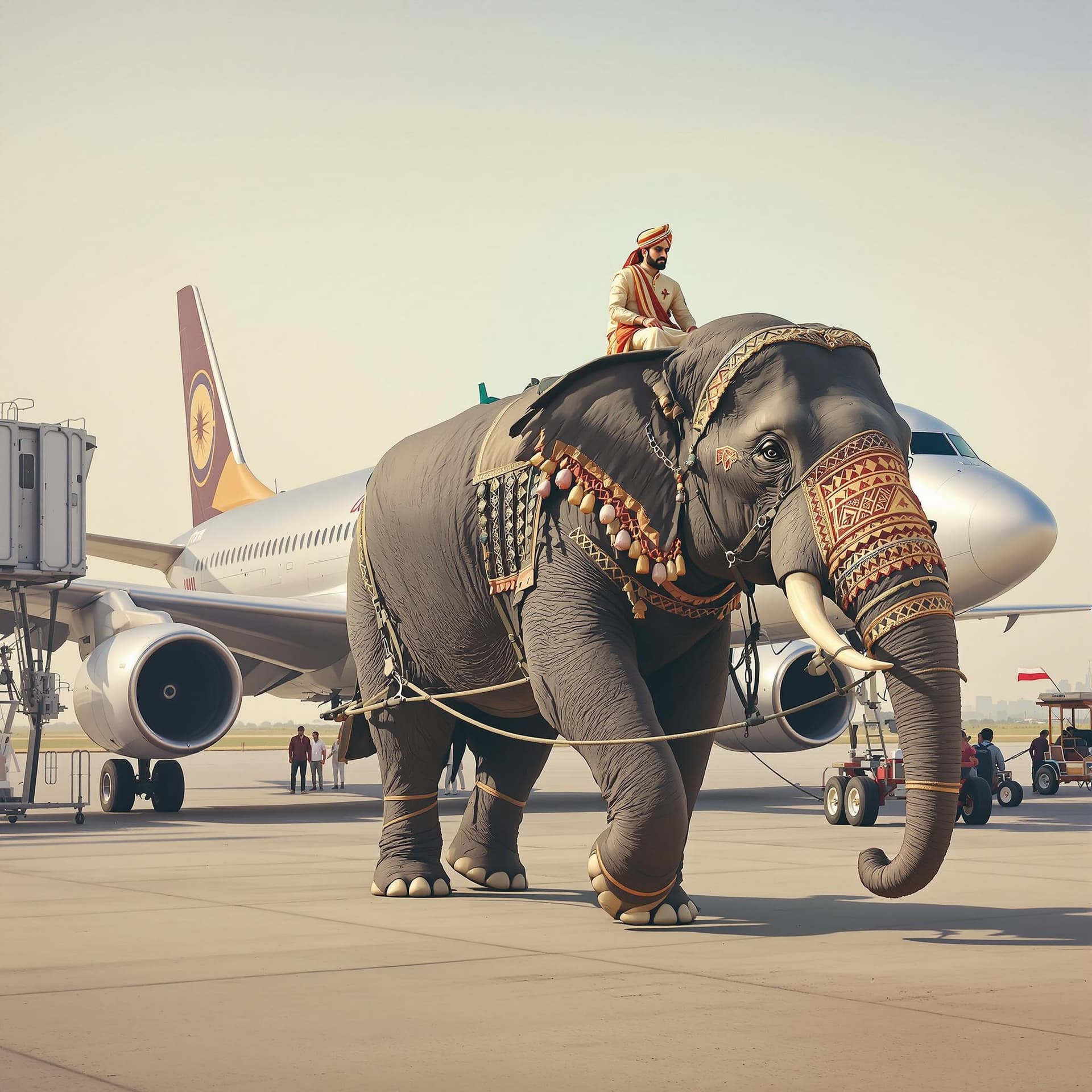 AI generated: Create an image depicting an Indian elephant pulling a passenger airplane at an airport. The scene s...