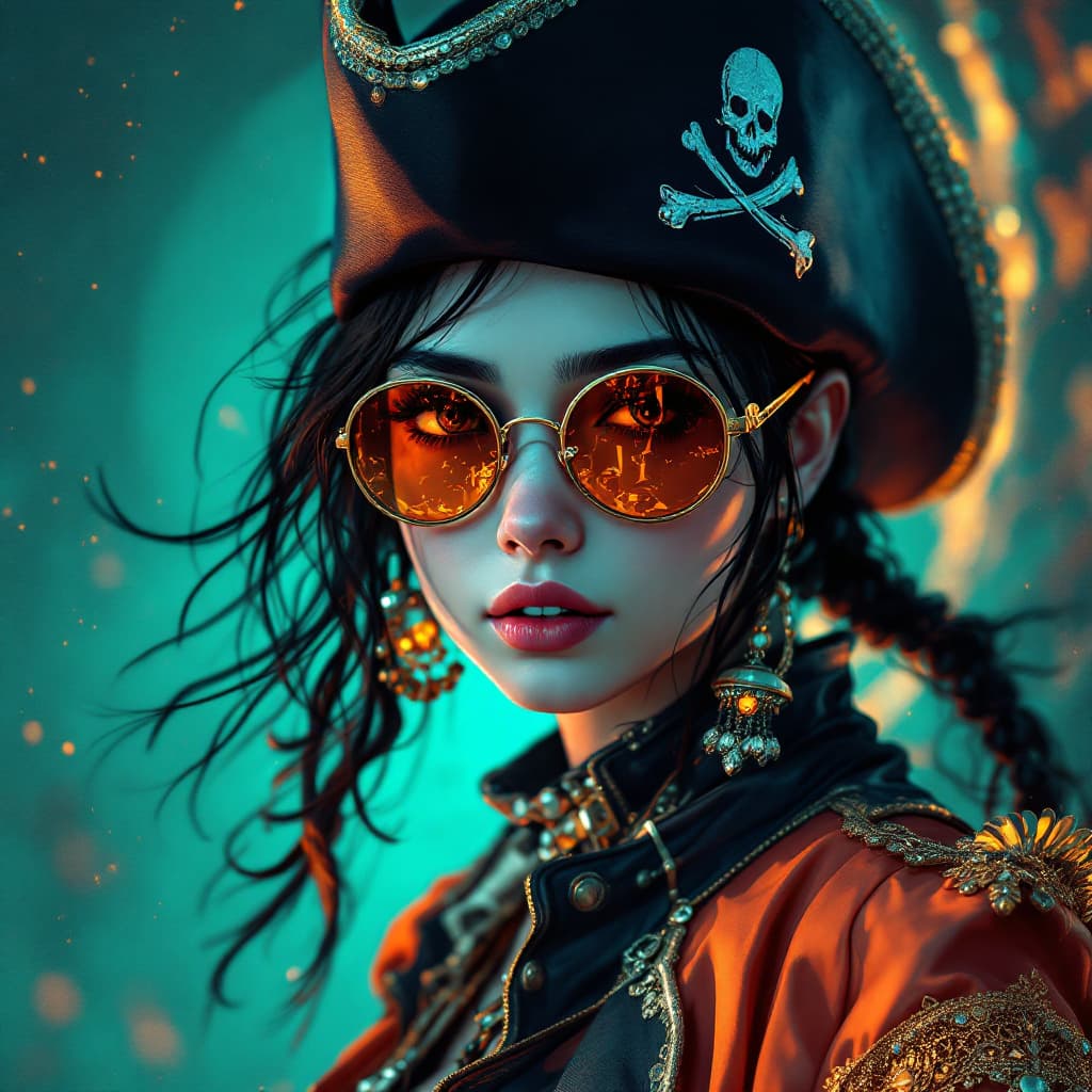 AI generated: a girl wearing pirate and sunglasses, in the style of otherworldly illustrations, realistic color sc...