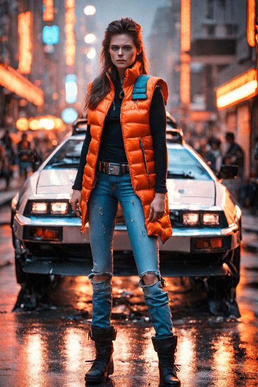 AI generated: rocker babe wearing orange puffy vest on street rain in passion pose lustrous leaning against black ...