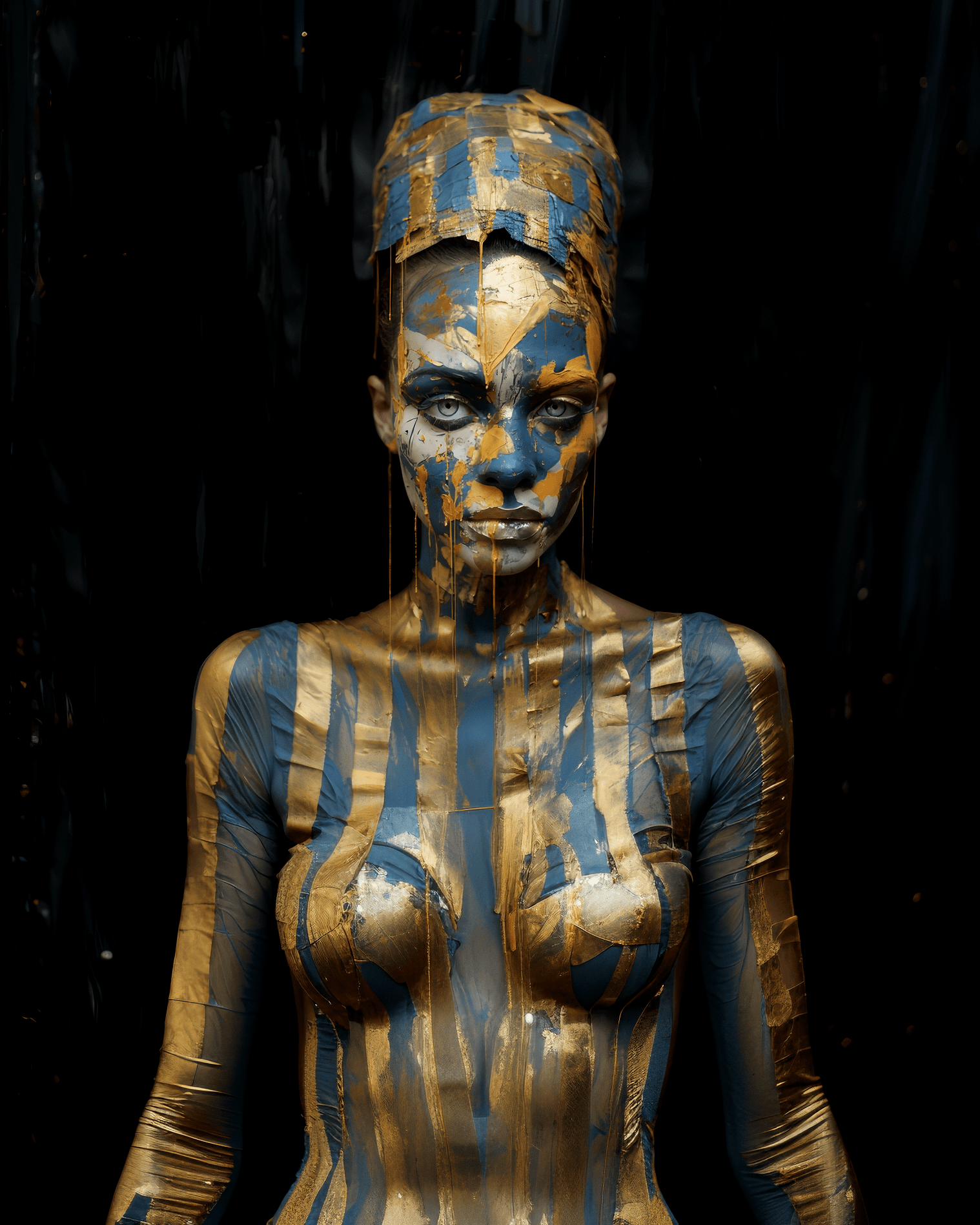 AI generated: hysterical woman wearing with painted on eyes, in the style of bronze and amber, body casts/body pri...