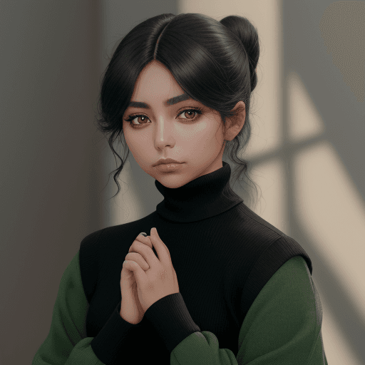 AI generated: a mexican woman is wearing a black turtle neck sweater, in the style of light emerald and dark beige...