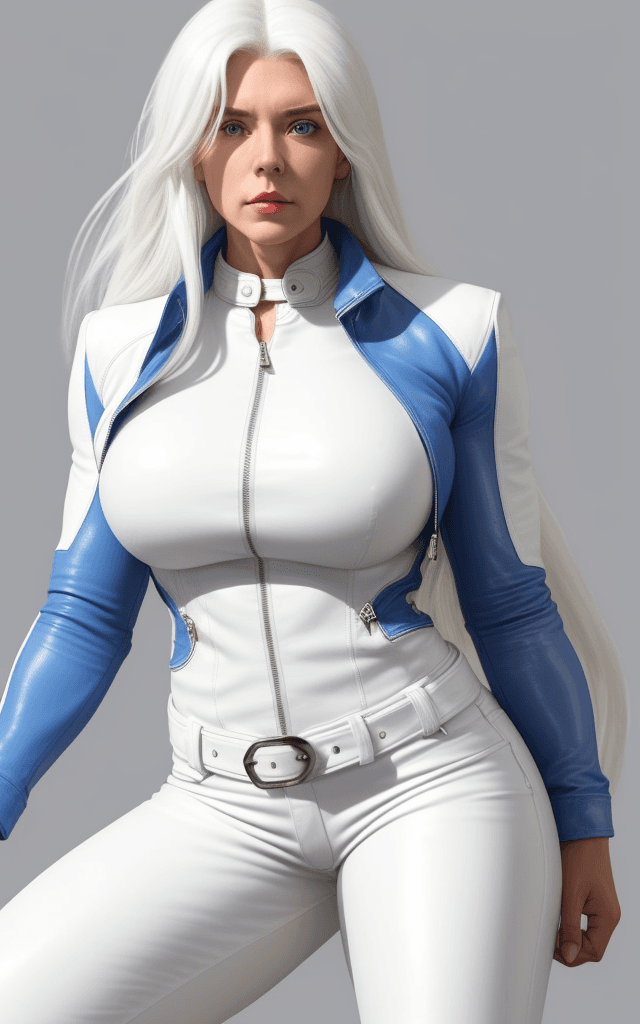 AI generated: 25 year old woman with muscles, biceps, long white hair, wears white leather pants, blue leather jac...