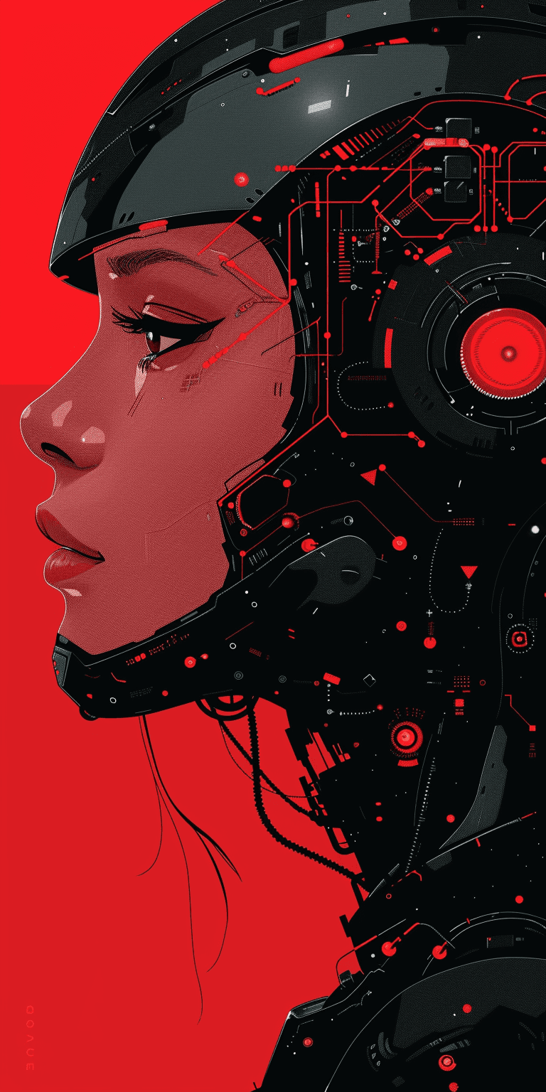 AI generated: A beautiful woman with robotic features as a closeup shot of the face and neck, with circuitry on he...