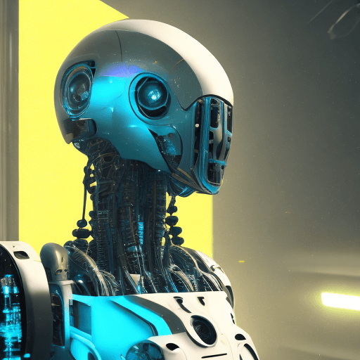 AI generated: rendering, side shot, falf-strange body with complex system equipment with hyper detail robot, gaze,...