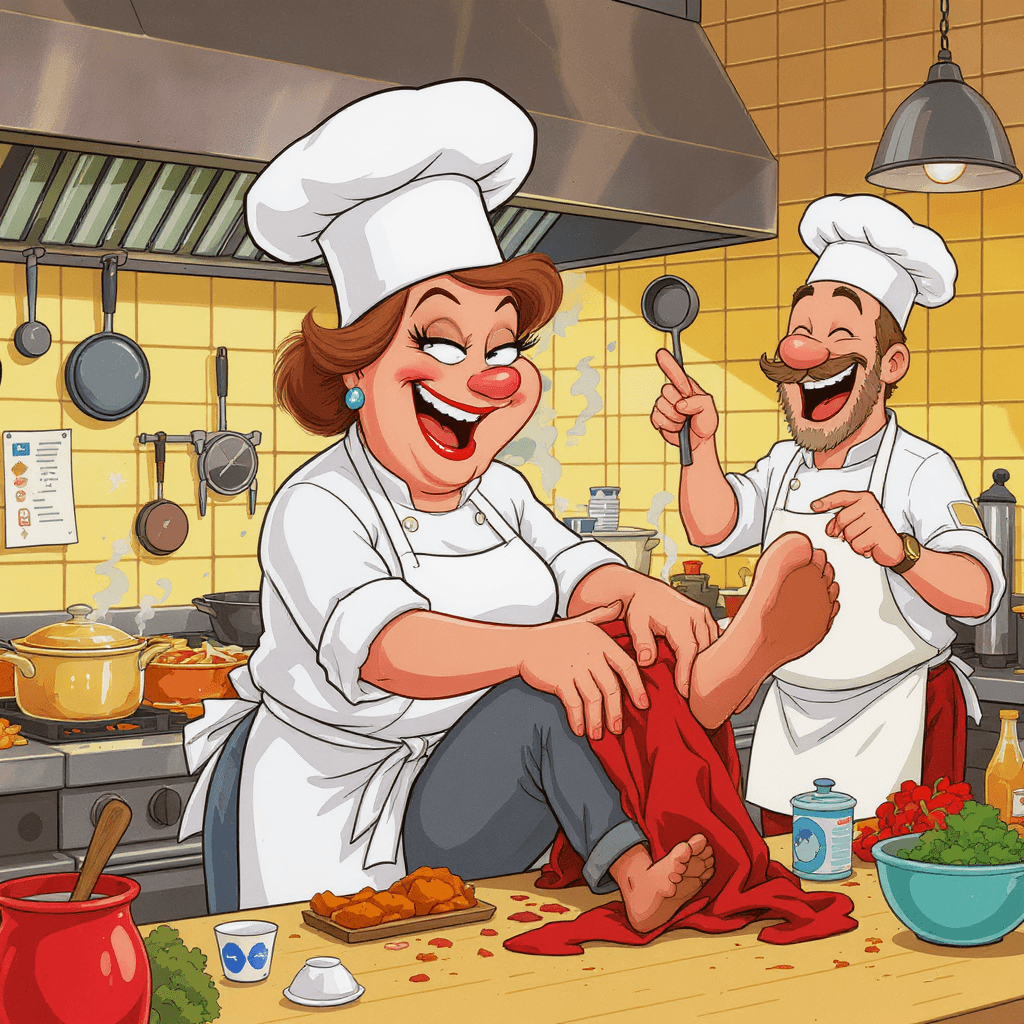 AI generated: "A lively kitchen scene in a cartoon-style restaurant. A confident, humorous head cook with exaggera...