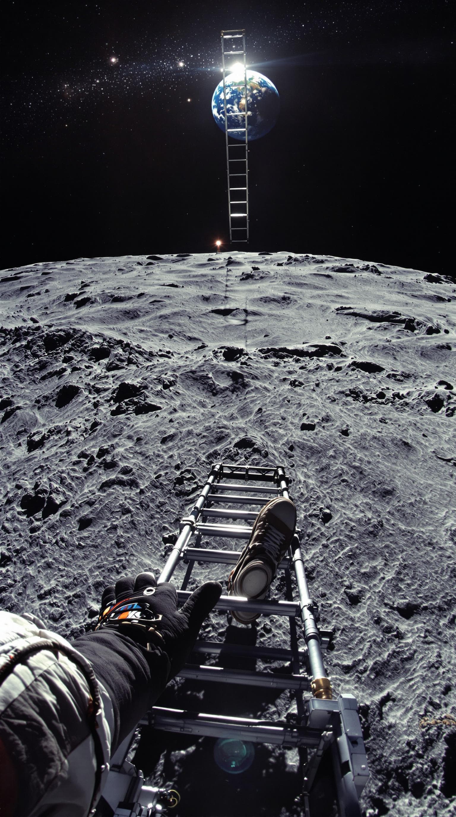 AI generated: First person POV from lunar module ladder descending down, spacesuit gloves gripping ladder, one boo...