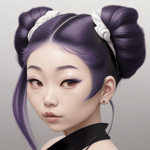 AI generated: A woman with distinctive features, super small eyes and an East Asian heritage has her deep purple h...