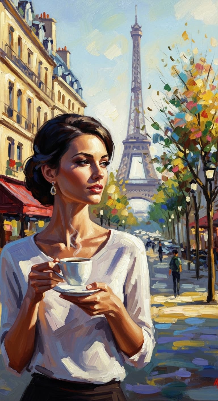 AI generated: a slim woman in the style of brush strokes painting, she drinks coffee in Paris while taking a strol...