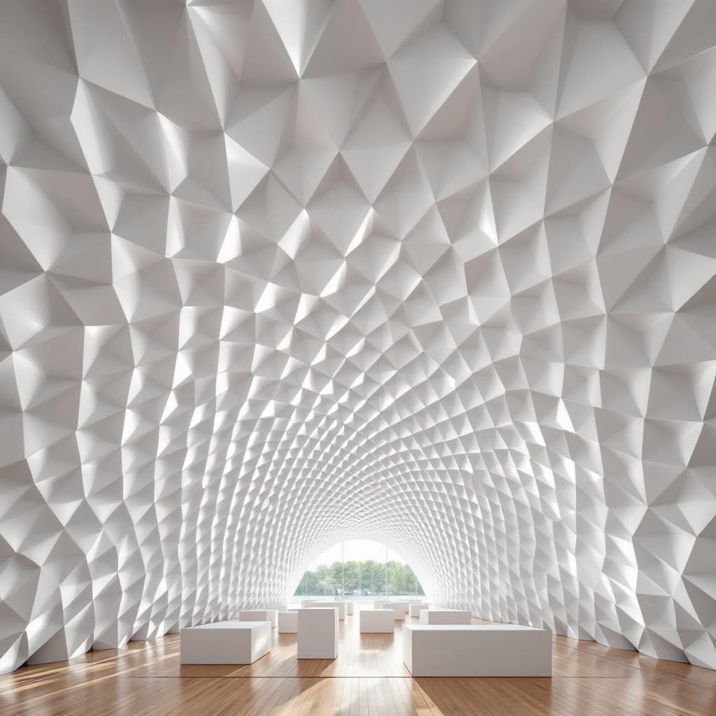 AI generated: contemporary interior, fractal geometric minimalism, perspective vanishing point, repetitive pattern...