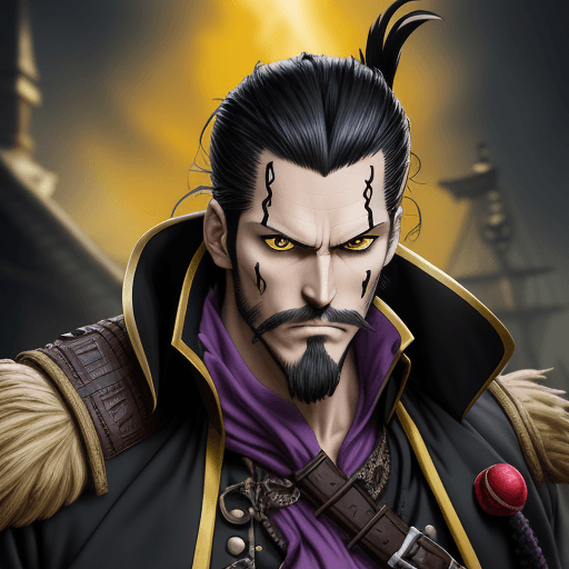 AI generated: Action movie view, legendary pirate Mihawk Dracule Hawkeye, a tall lean man, black hair, a short bea...