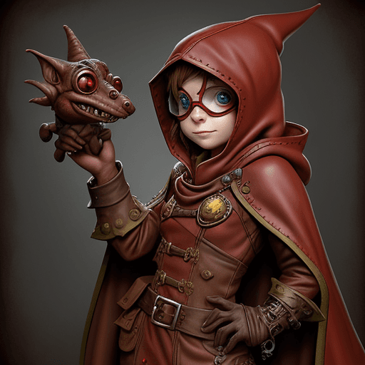 AI generated: Dungeons and Dragons, Steampunk A red Kobold, Small, goggles, cloak and hood