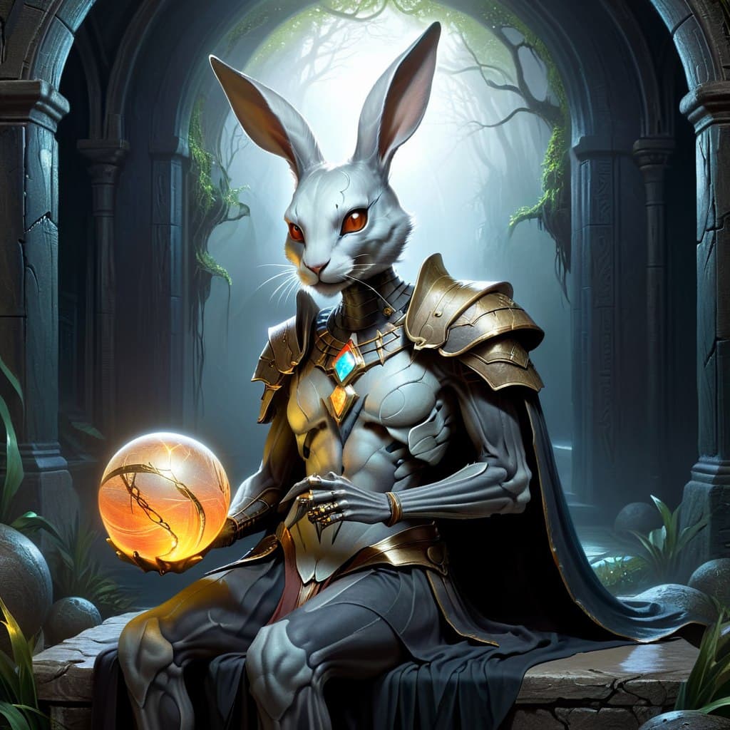 AI generated: epic realistic, a digital painting of a rabbit holding a glowing ball, cyberpunk art, inspired by to...