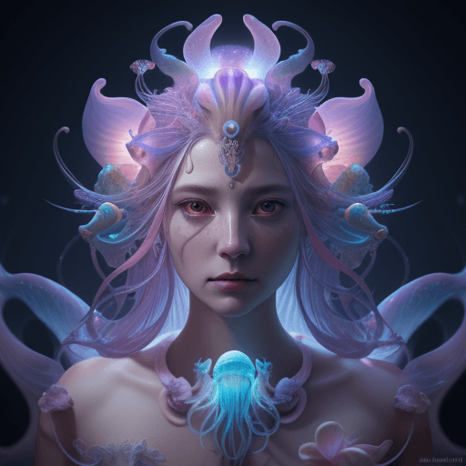 AI generated: Goddess close-up portrait ribcagel. jellyfish phoenix head, nautilus, orchid, skull, betta fish, bio...