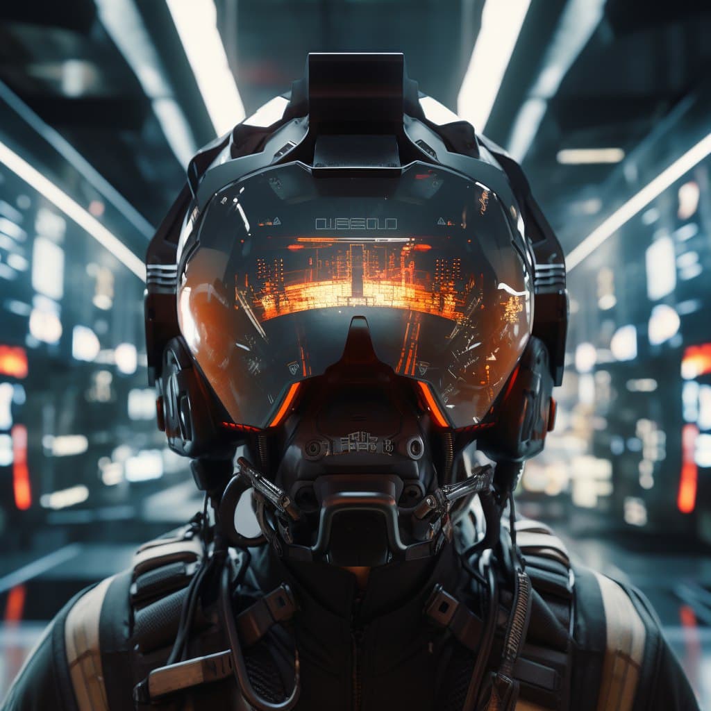 AI generated: the flying helmet is in the subway station, in the style of futuristic cyberpunk, tilt-shift lenses,...