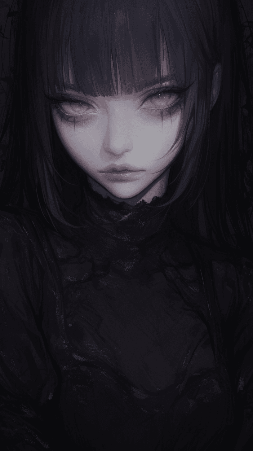 AI generated: gothic anime style,a Girl is cold and arrogant,pale skin, white makeup,purple eyes, black hair, Dark...