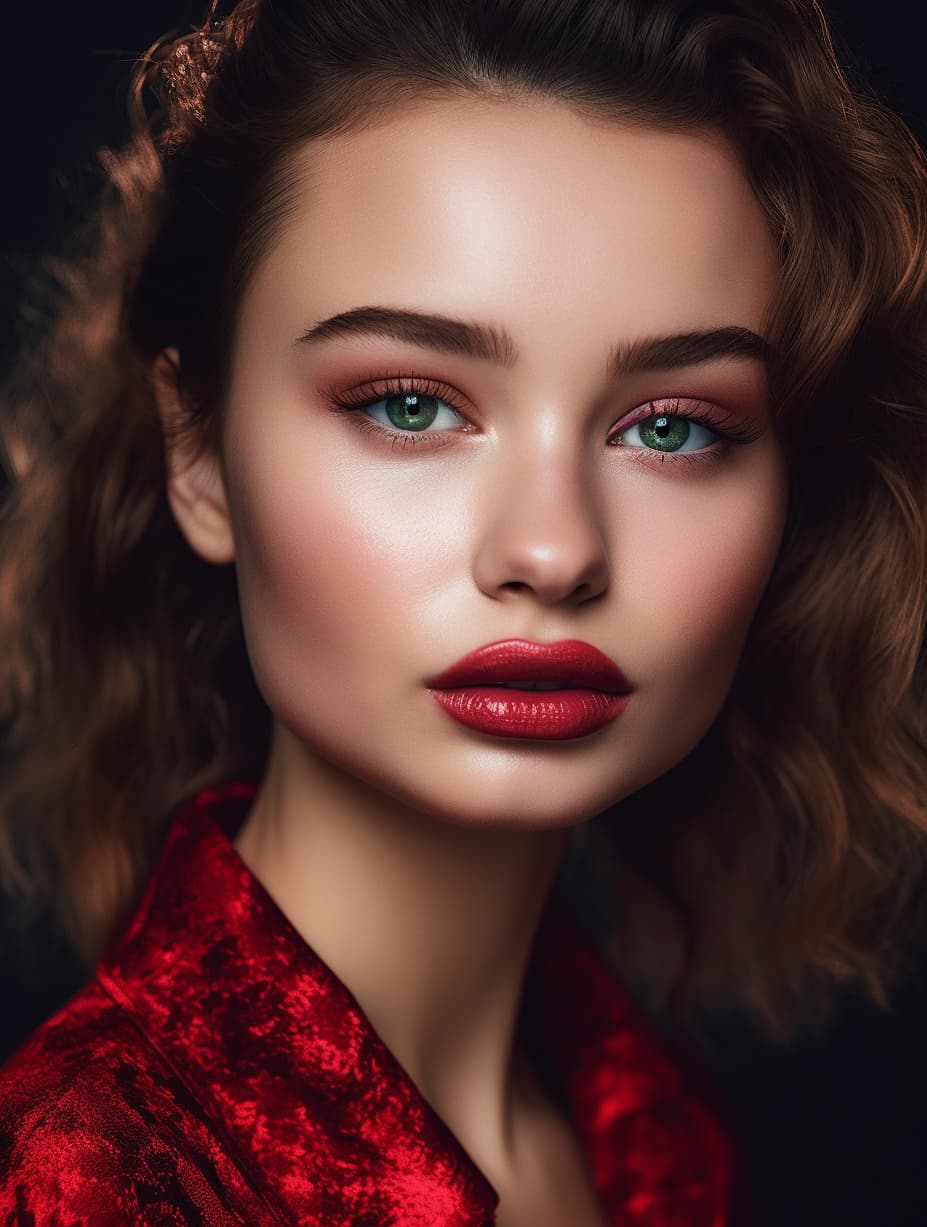 AI generated: a close up of a woman with red lipstick, trending on cg society, portrait sophie mudd, pink and red ...