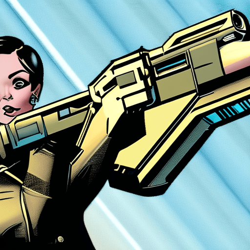AI generated: A female police officer in a comic book style, with black short hair, holding a gun with both hands,...