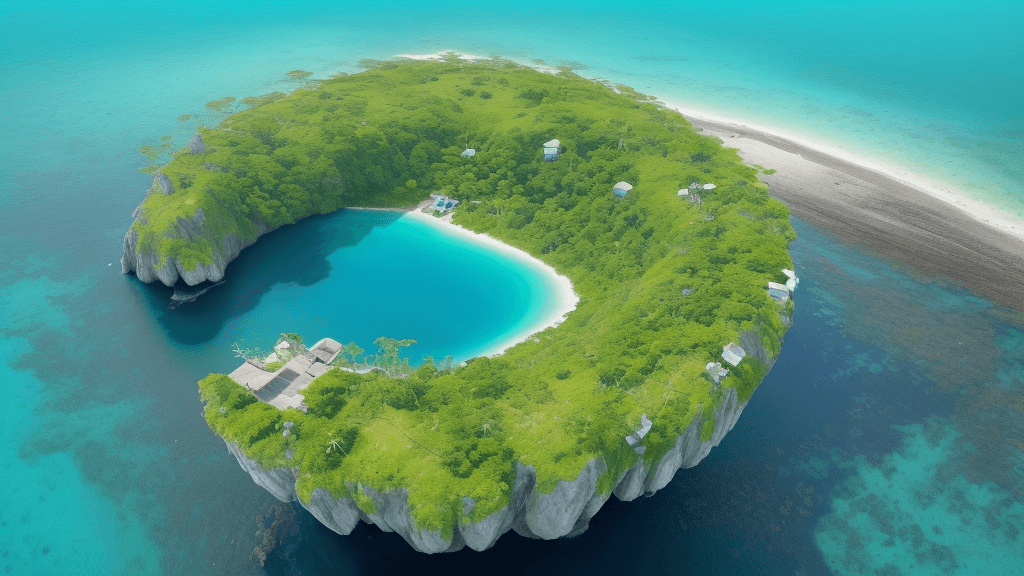 AI generated: bird's eye view high up looking down of a simple island. you can see the mainland in the background....