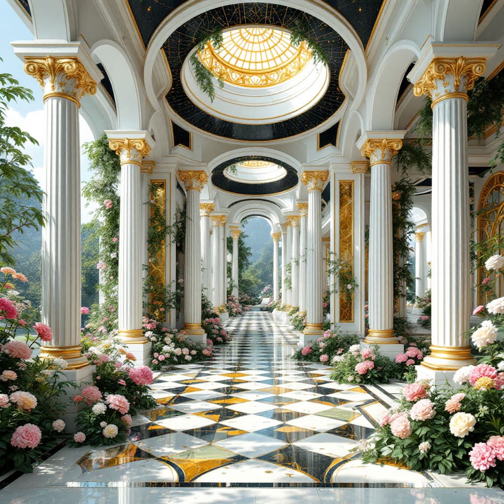 AI generated: A mansion in the Internal worlds of the higher Dimensions with flowers and plants merging with the a...