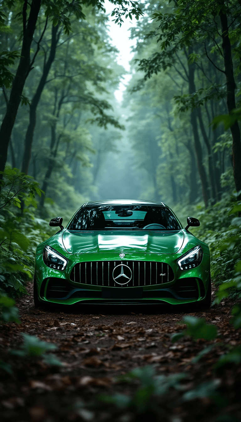 AI generated: High automotive symmetrical close-up portrait shoot of a green mercedes-amg GT standing in the jungl...