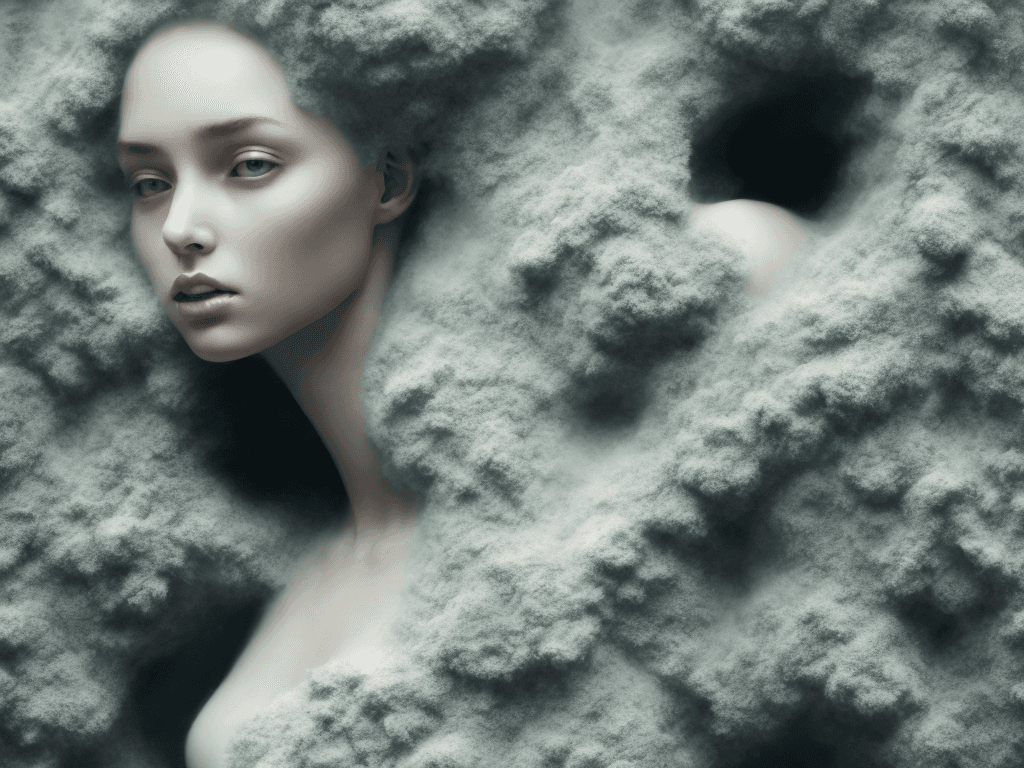 AI generated: Young women dissolving into swirling sand, volumetric dust, cinematic lighting, close up portrait --...