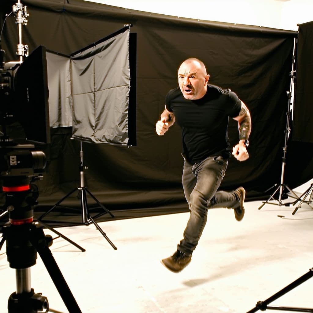 AI generated: Joe Rogan catches hitler breaking onto his set during a podcast and runs after him rapidly, wide ang...