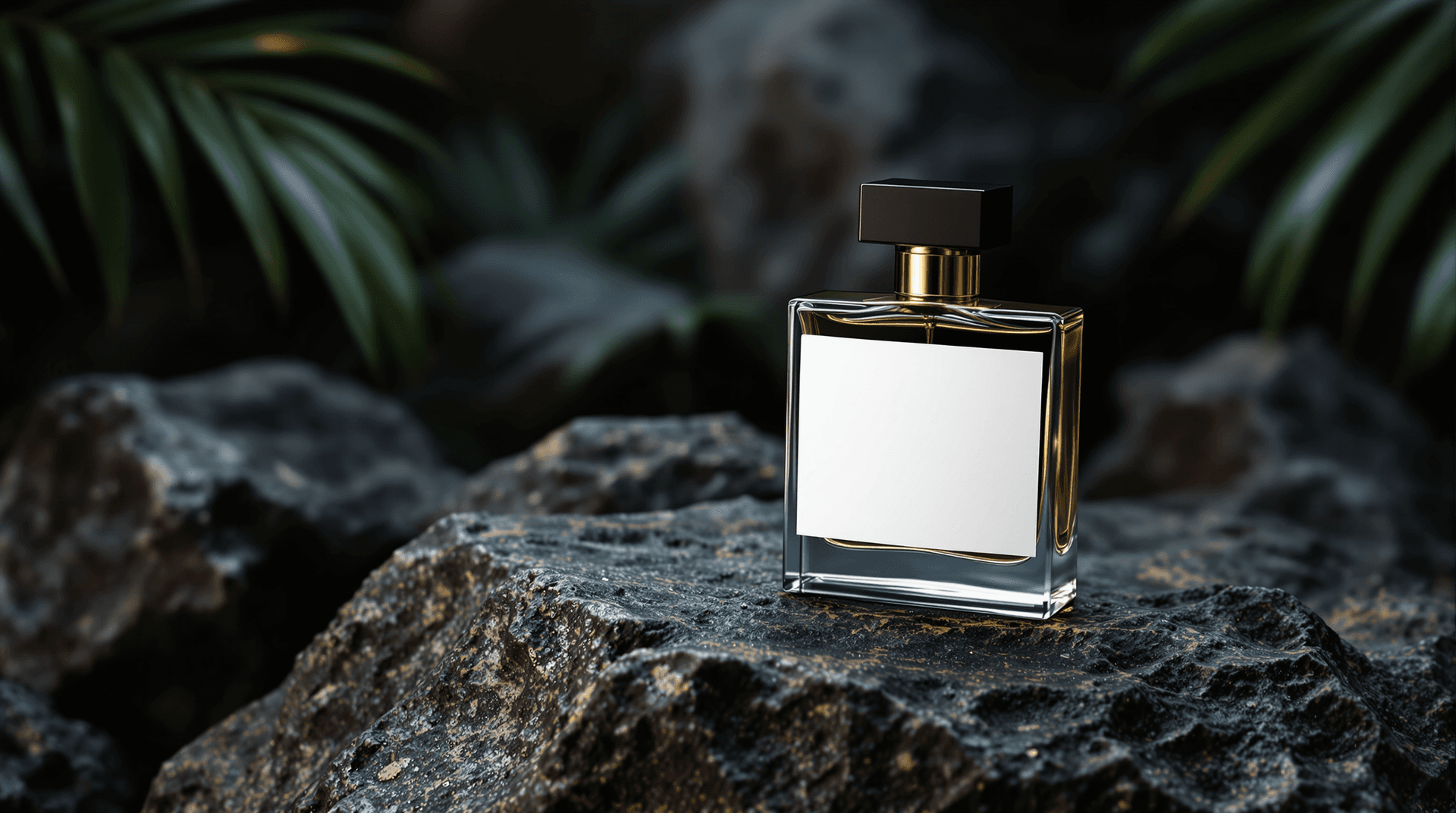 AI generated: Photo of a ultra realistic luxury perfume bottle on a rock with white empty sticker, ad, brand, over...