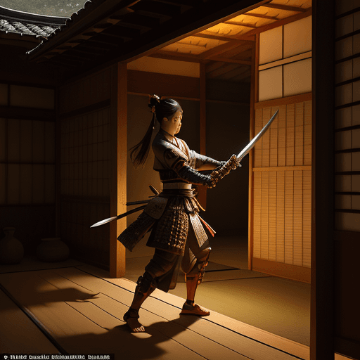 AI generated: In this fantastic scene, a samurai woman, practices with her sword, outside an old Japanese hut, dra...