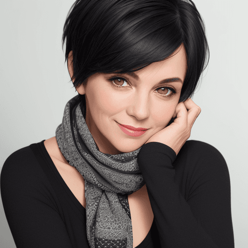 AI generated: A woman wearing a black top and a gray-toned patterned scarf is looking at the camera with her chin ...