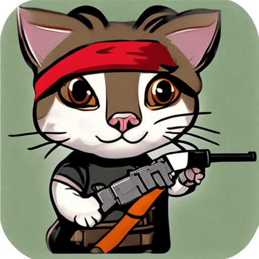 AI generated: cat with gun and john rambo headband, cute, sticker