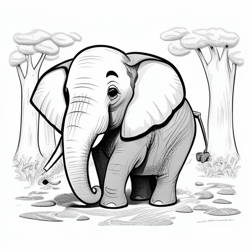 AI generated: Cartoon illustration, coloring book page, happy elephant, nature, black and white, clean