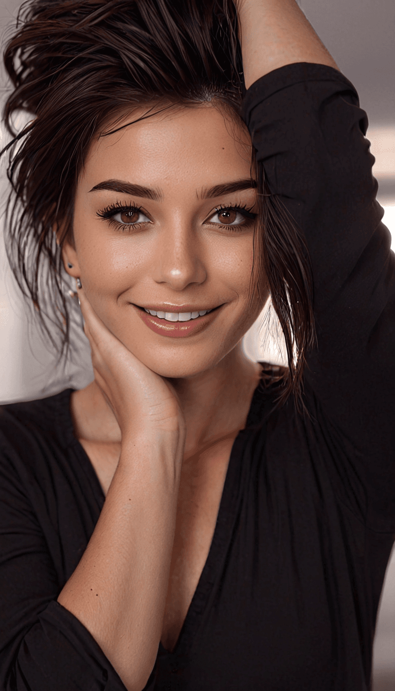 AI generated: A portrait of a woman with an inviting expression, positioned close to the camera. Her head is tilte...