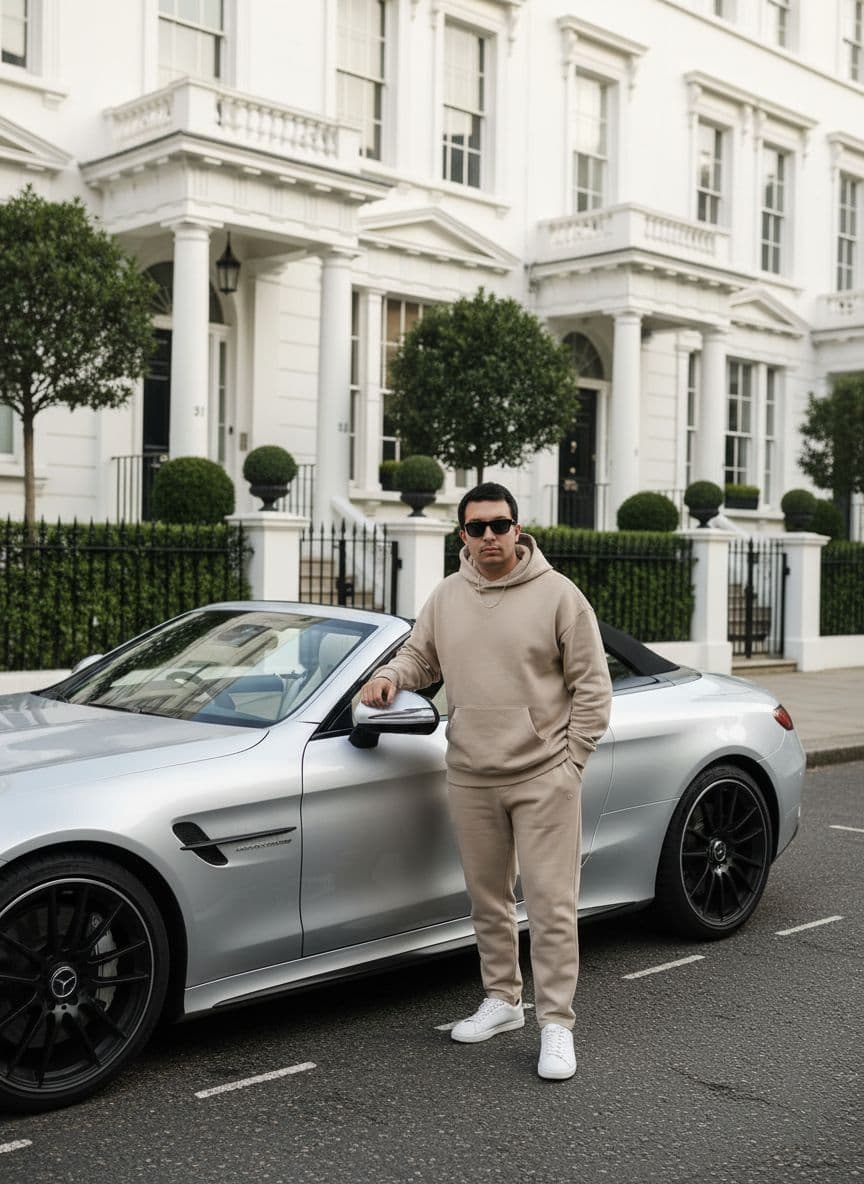 AI generated: A cinematic lifestyle photograph of a stylish man standing beside a sleek silver Mercedes-AMG conver...
