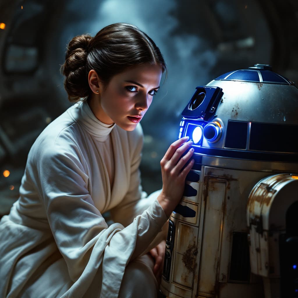 AI generated: "An ultra-detailed, cinematic scene of Princess Leia Organa crouched closely beside R2-D2 in the dar...
