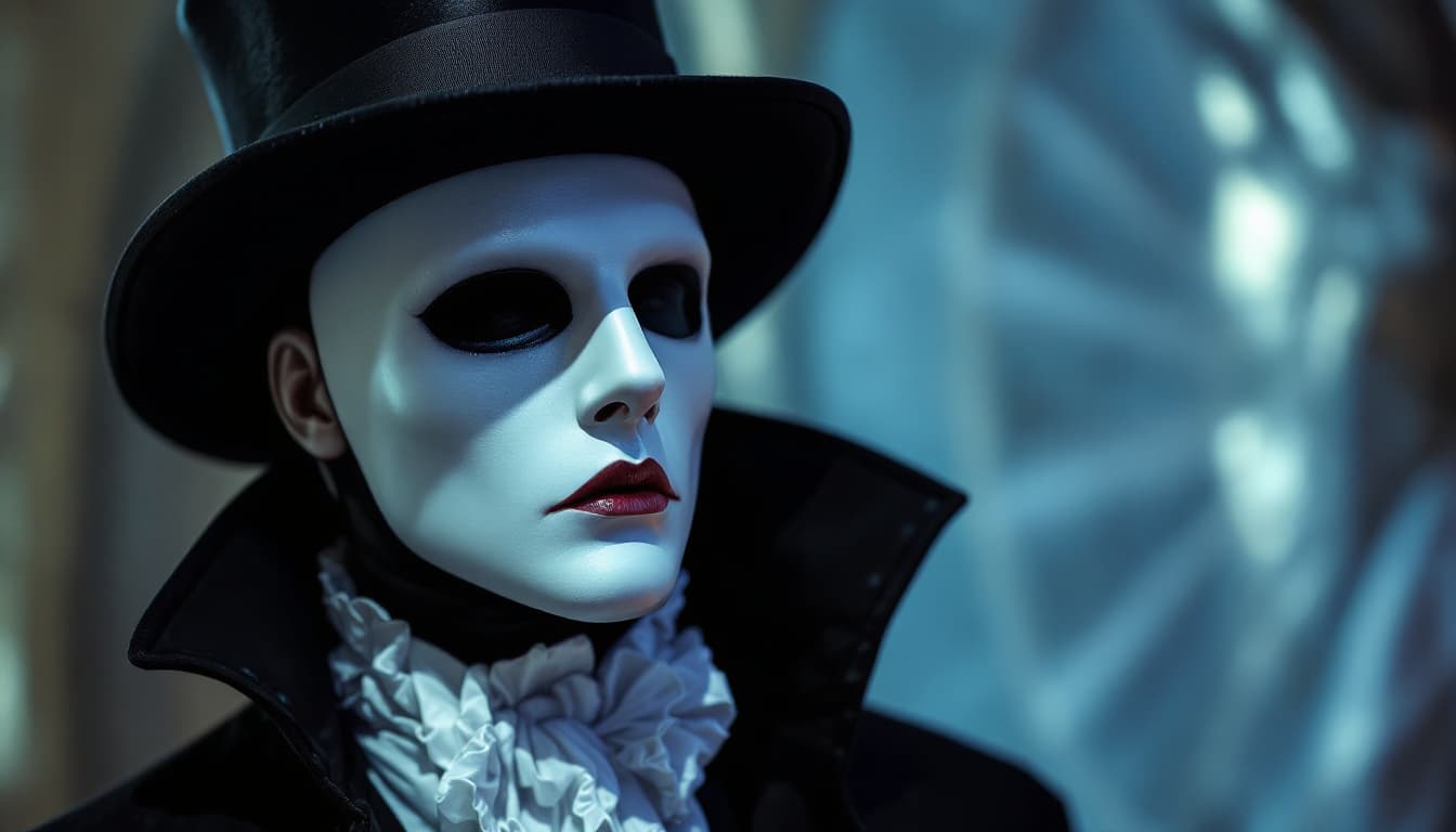 AI generated: cosplay (the phantom of the opera:1.2), Michael Crawford, mask, gothic lair  