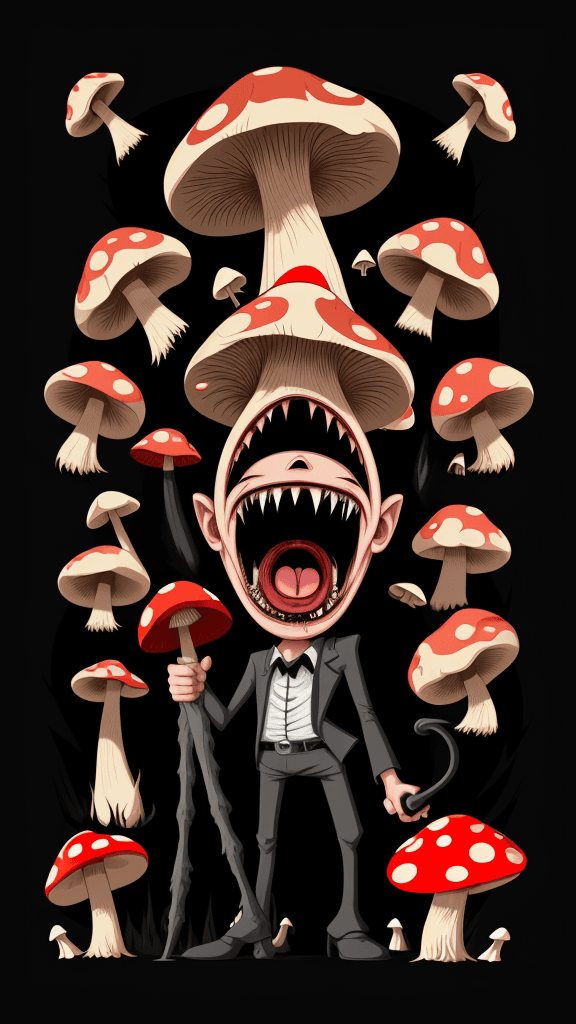 AI generated: vector horror art on the diverse background, a screaming crazy anthropomorphic evil mushroom with a ...