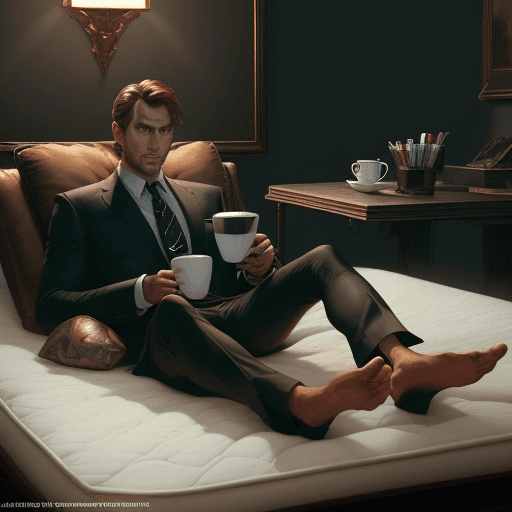 AI generated: a giant cup of coffee, a miniature man lying on a mattress floating in a coffee cup, business suit, ...