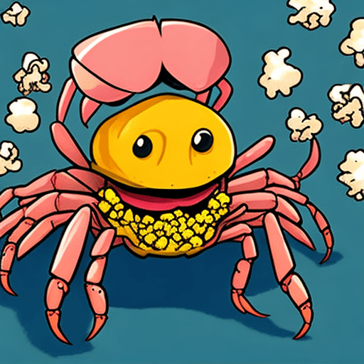 AI generated: A crab eating popcorn in comic art. A cute crab.